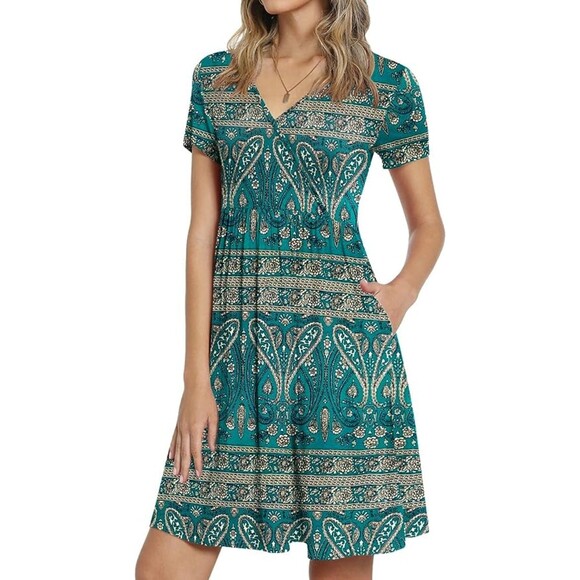 CATHY Casual Tunic Short Sleeve V Neck Beach Sundress with Pockets Sz L - Picture 1 of 7